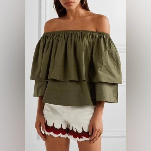 Apiece Apart Neroli Off-the-shoulder Ruffled Cotton Green Poplin Top Women's 6 - Picture 4 of 7